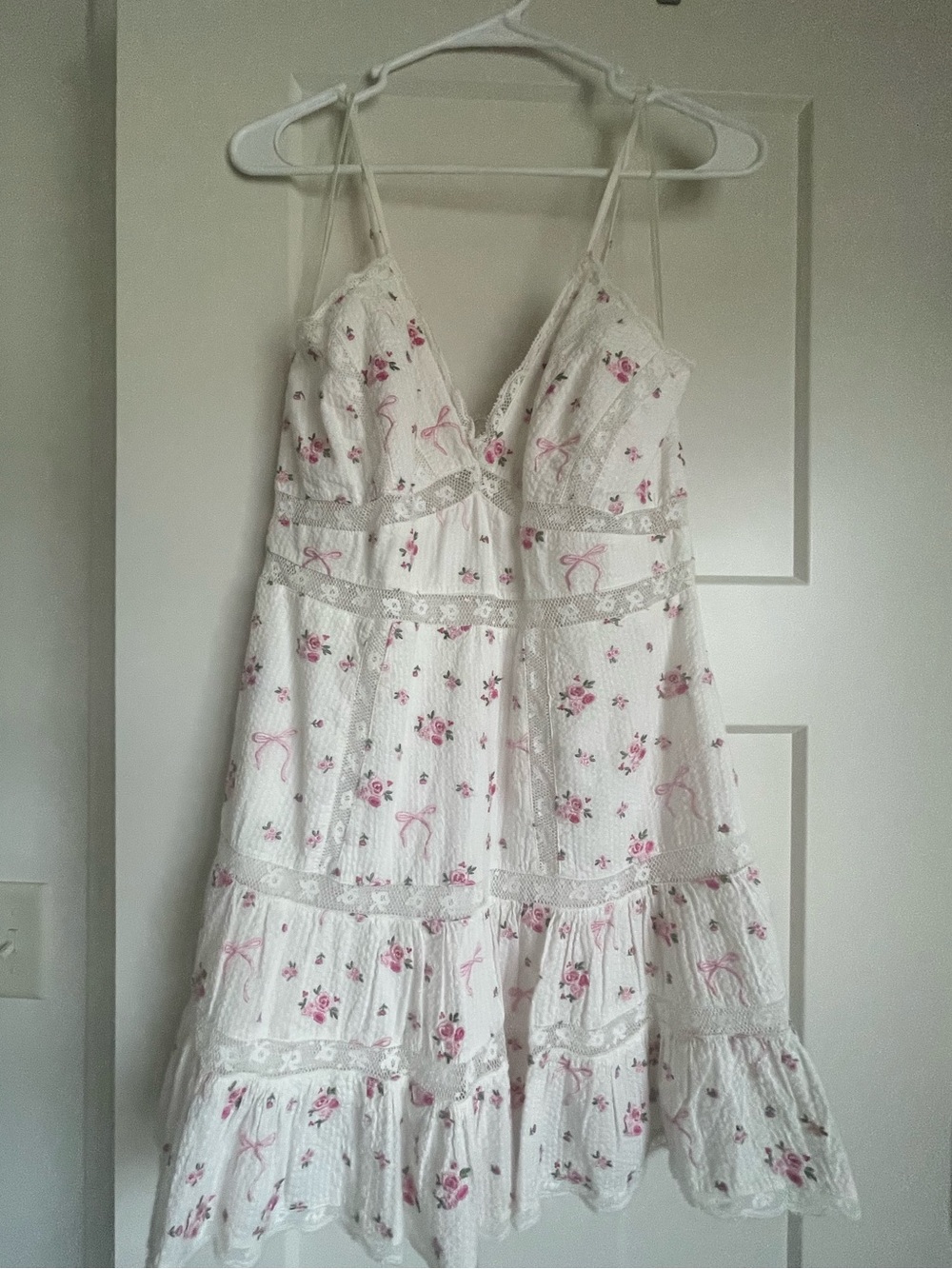 LoveShackFancy White Mini Dress with Pink Floral Print